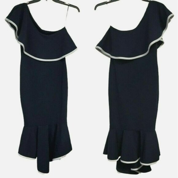Quiz Nautical One Shoulder Large Collar Mermaid Hem Navy & White Dress Sz 6 NEW - Picture 2 of 8